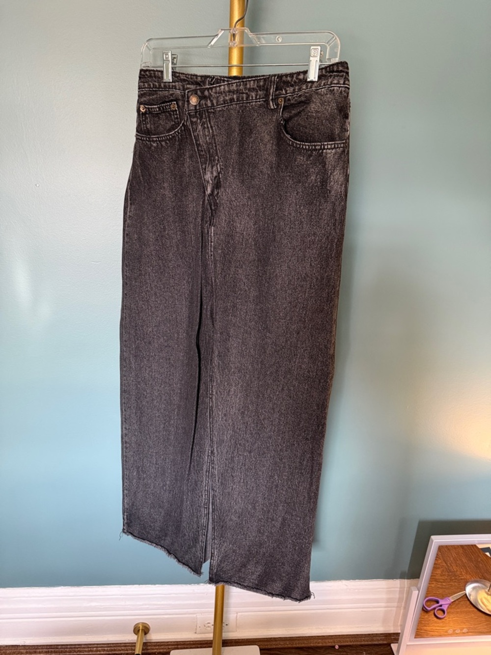 Dressed in LALA Black Denim Skirt, front slit and asymmetrical button